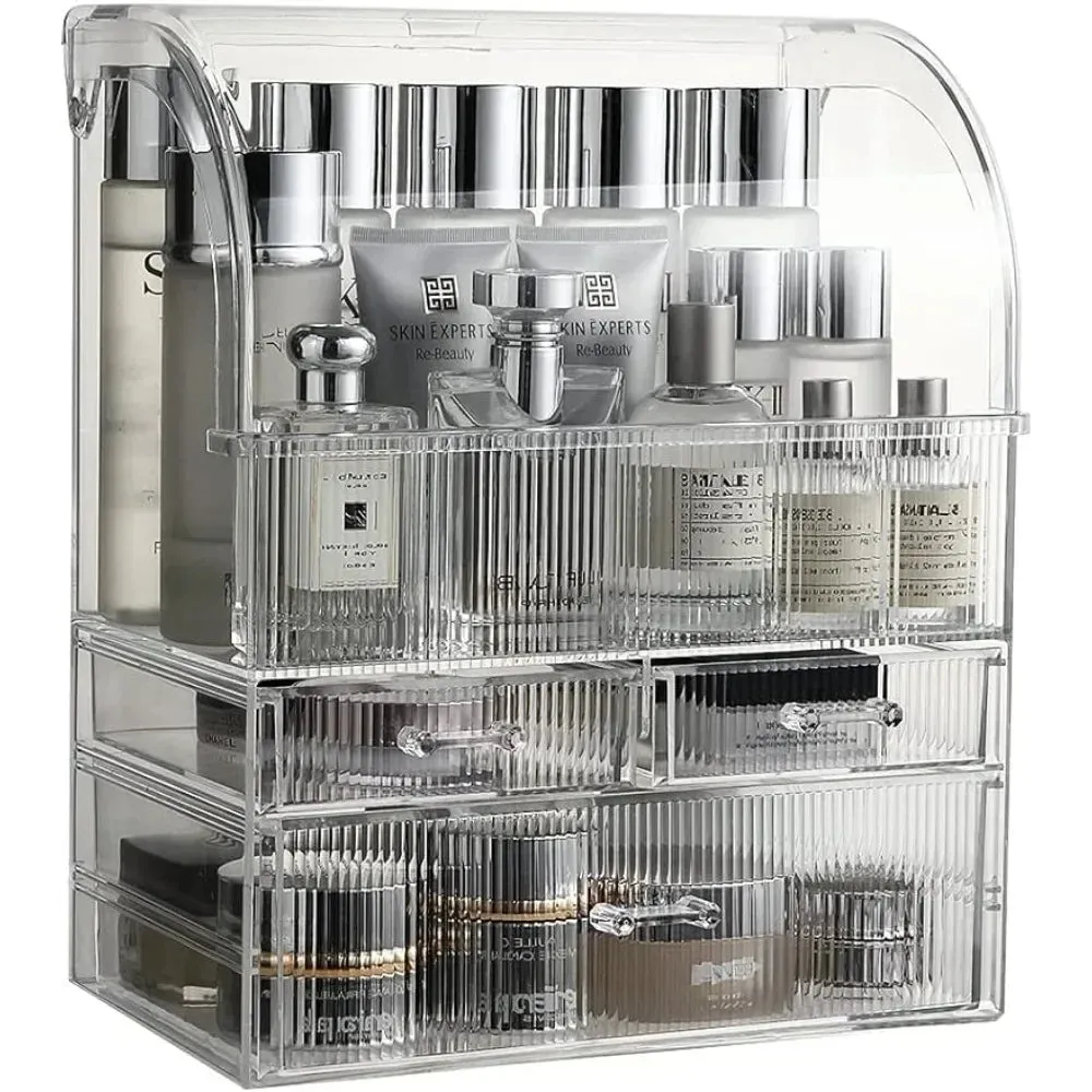 Clear Ribbed Pattern Large Clear Makeup Organizer with Drawers and Lid