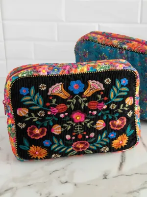 Embroidered Corduroy Cosmetic Pouch - Black Folk Flower