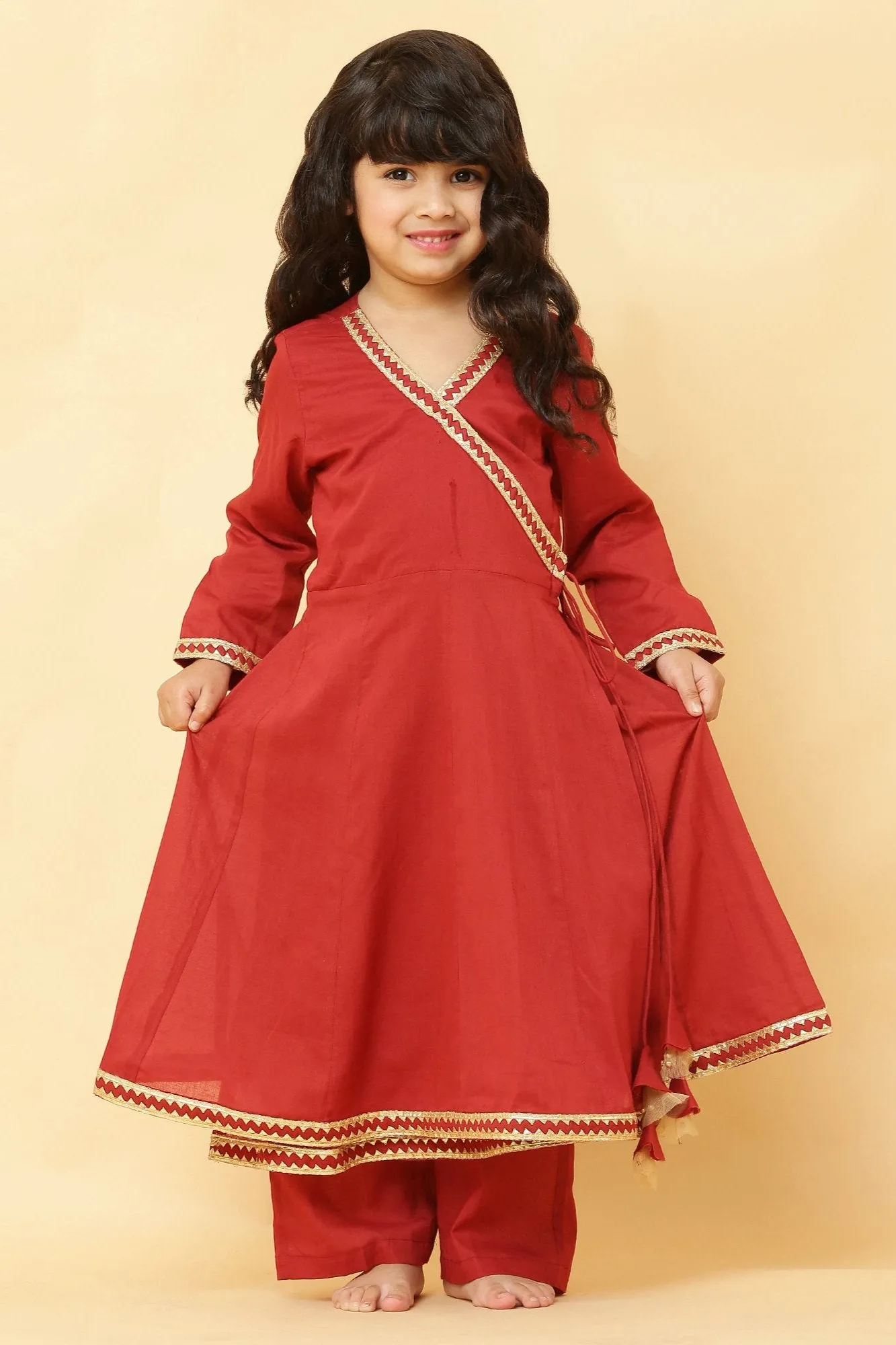 Girls Maroon Angrakha with Pant - Set of 3