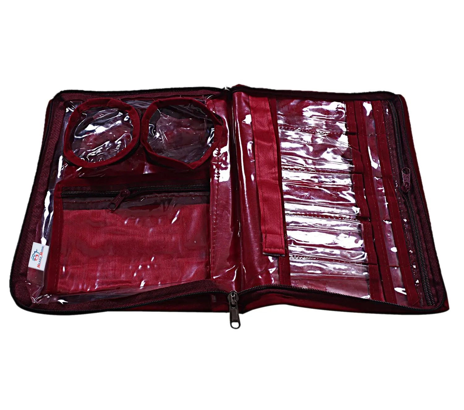 Heart Home Carry Print PVC Laminated Portable Jewellery Organizer With 4 Pouches & 2 Bangle Pouches For Home and Travel (Maroon)