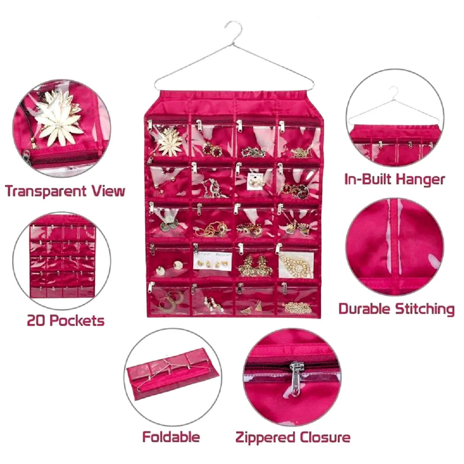 Heart Home Satin Jewellery Organizer With Hanger, Pink (F_26_HEARTH016957)