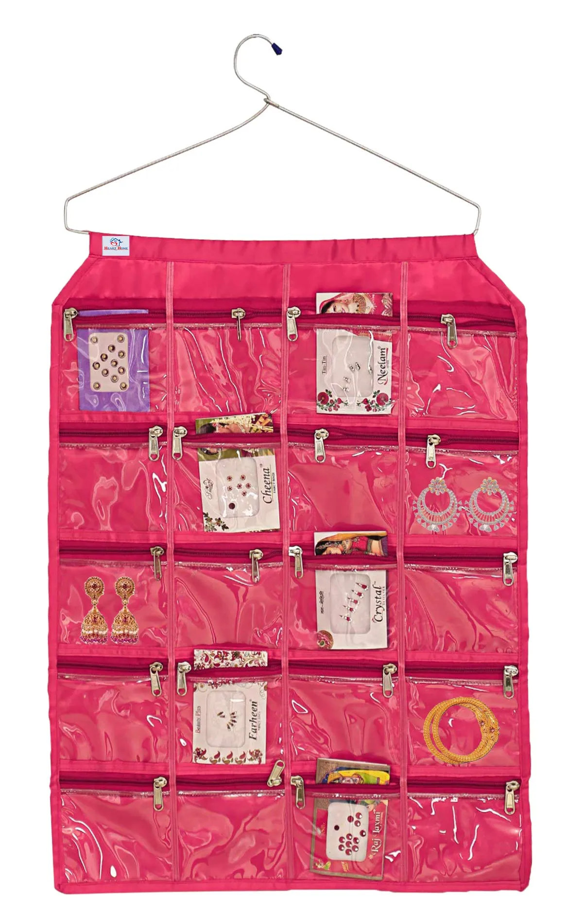 Heart Home Satin Jewellery Organizer With Hanger, Pink (F_26_HEARTH016957)