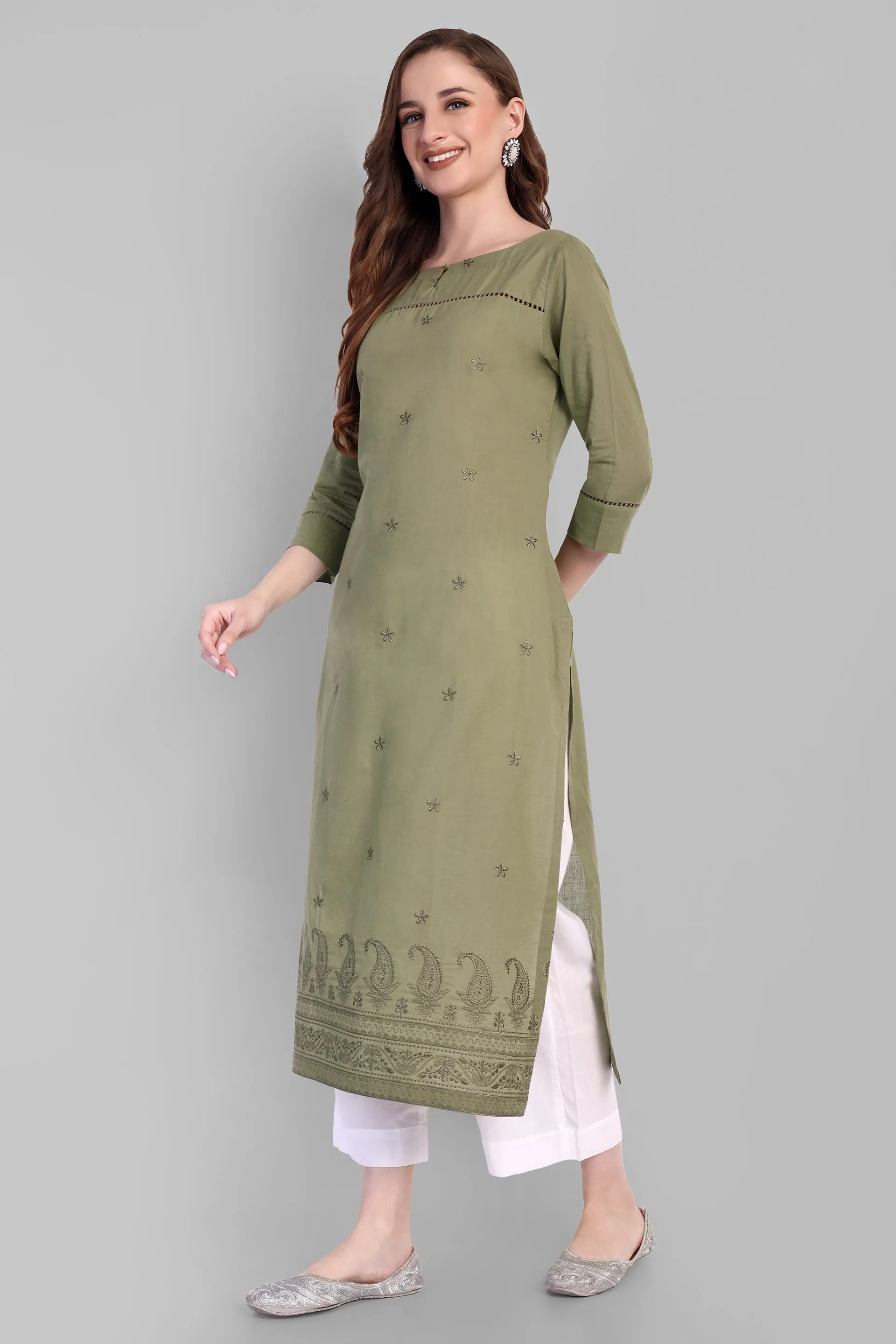 Khaki mul Long chikankari Kurta and pant - Set of 2