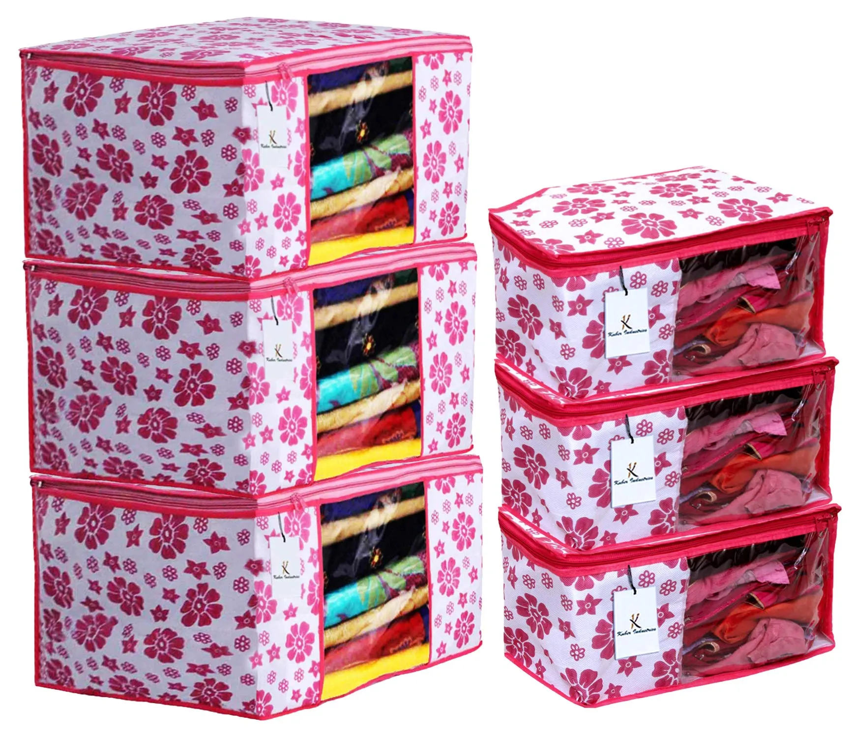 Kuber Industries Clothes Organizer For Wardrobe (Pack of 3 Each) 2-in-1 Combo Storage Organizer For Saree and Blouse - Dress Organizer For Wardrobe - Saree Covers With Zip (Pink)