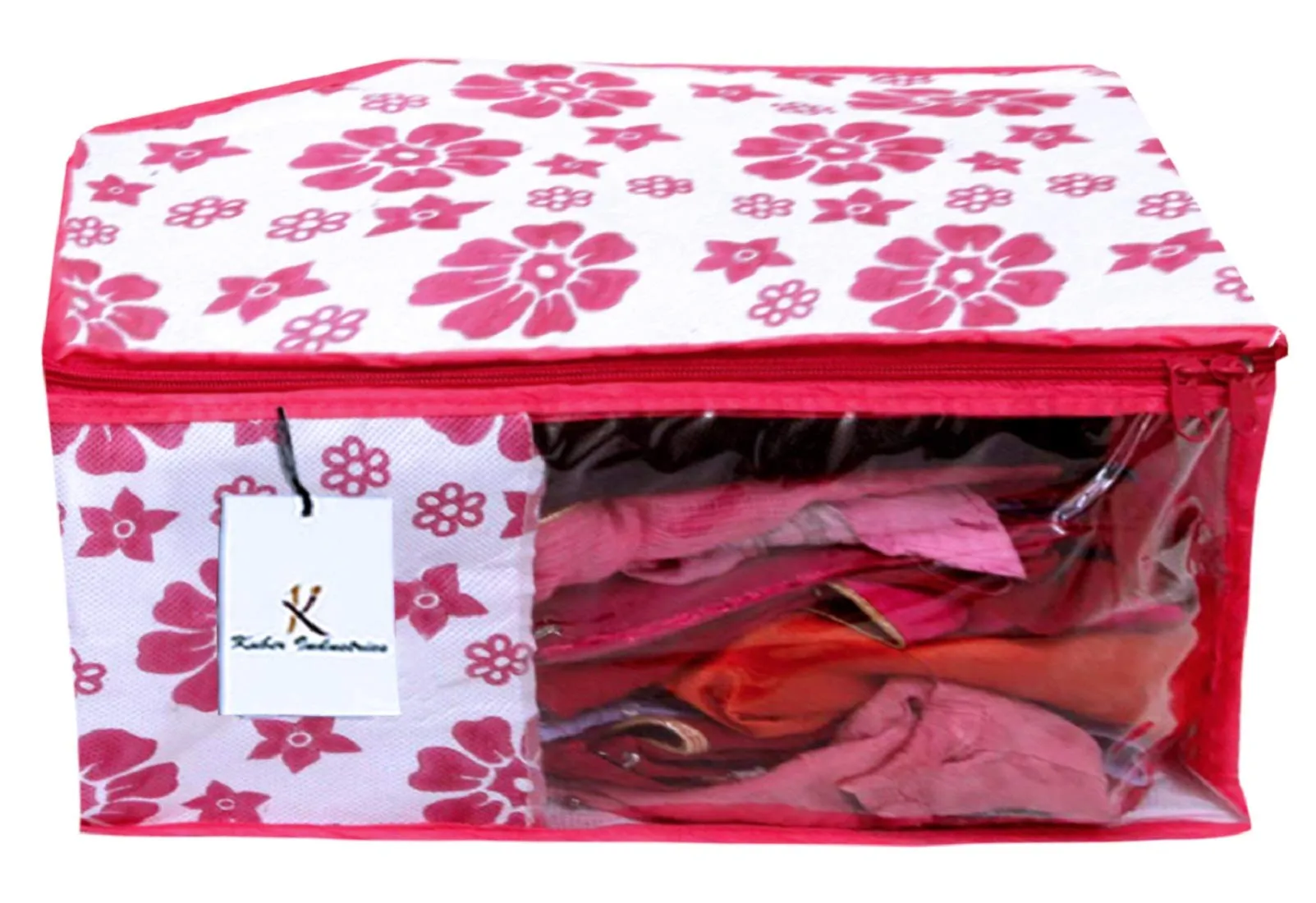 Kuber Industries Clothes Organizer For Wardrobe (Pack of 3 Each) 2-in-1 Combo Storage Organizer For Saree and Blouse - Dress Organizer For Wardrobe - Saree Covers With Zip (Pink)