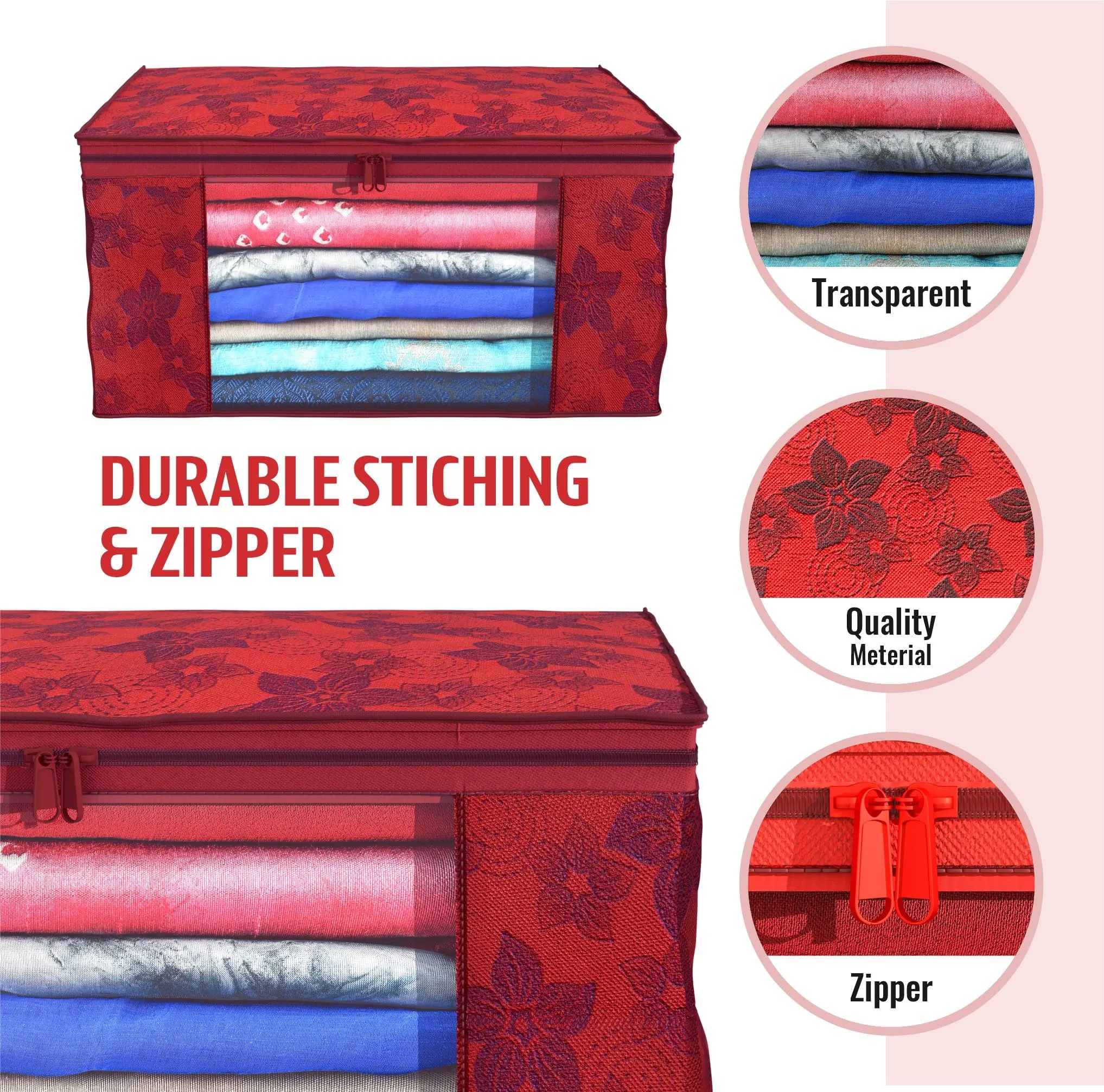 Kuber Industries Clothes Organizer For Wardrobe (Pack of 3) - Storage Organizer For Saree | Shirts | Lehanga | Clothes - Dress Organizer For Wardrobe - Saree Covers With Zip (Printed) (Red)