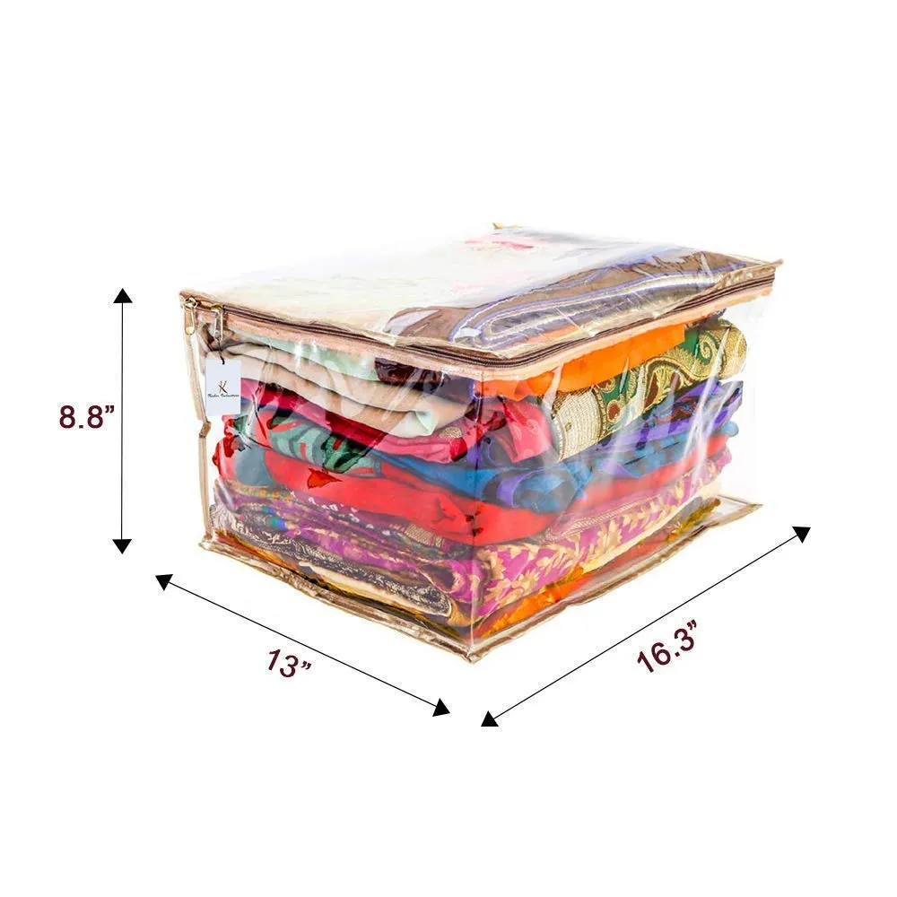 Kuber Industries Clothes Organizer For Wardrobe (Pack of 6) - Transparent Storage Organizer For Saree | Shirts | Lehenga - Dress Organizer For Wardrobe - Saree Covers With Zip (Transparent) (Gold)