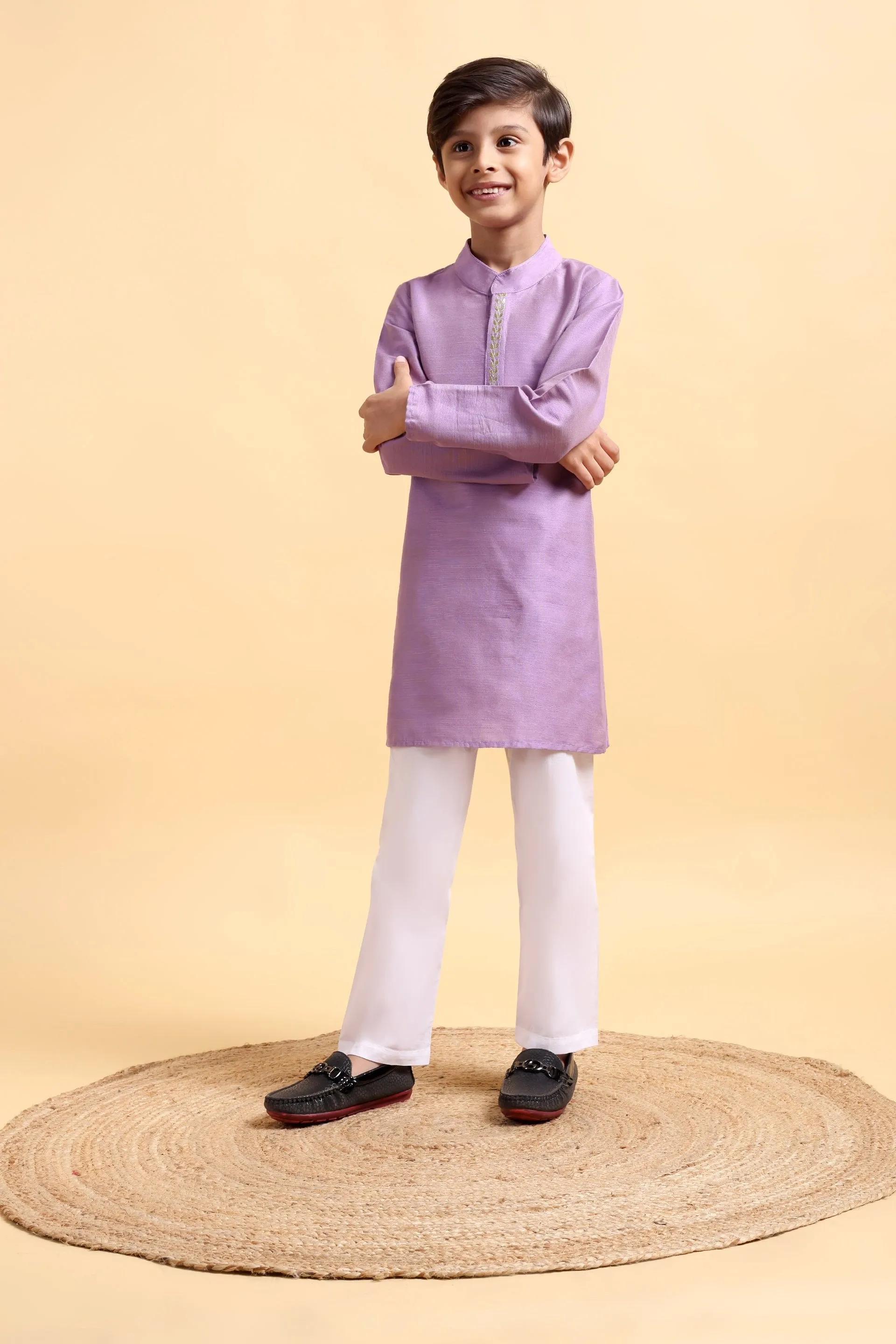 Mauve Embroidery Cotton Silk Kurta & Pajama Set