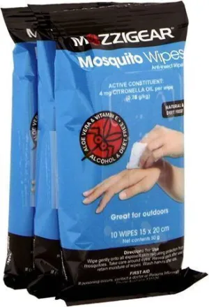 Mozzigear Mosquito Repellent Wipes Camping Hiking Mozzie Rid - 3 Packs Of 10 Wipes