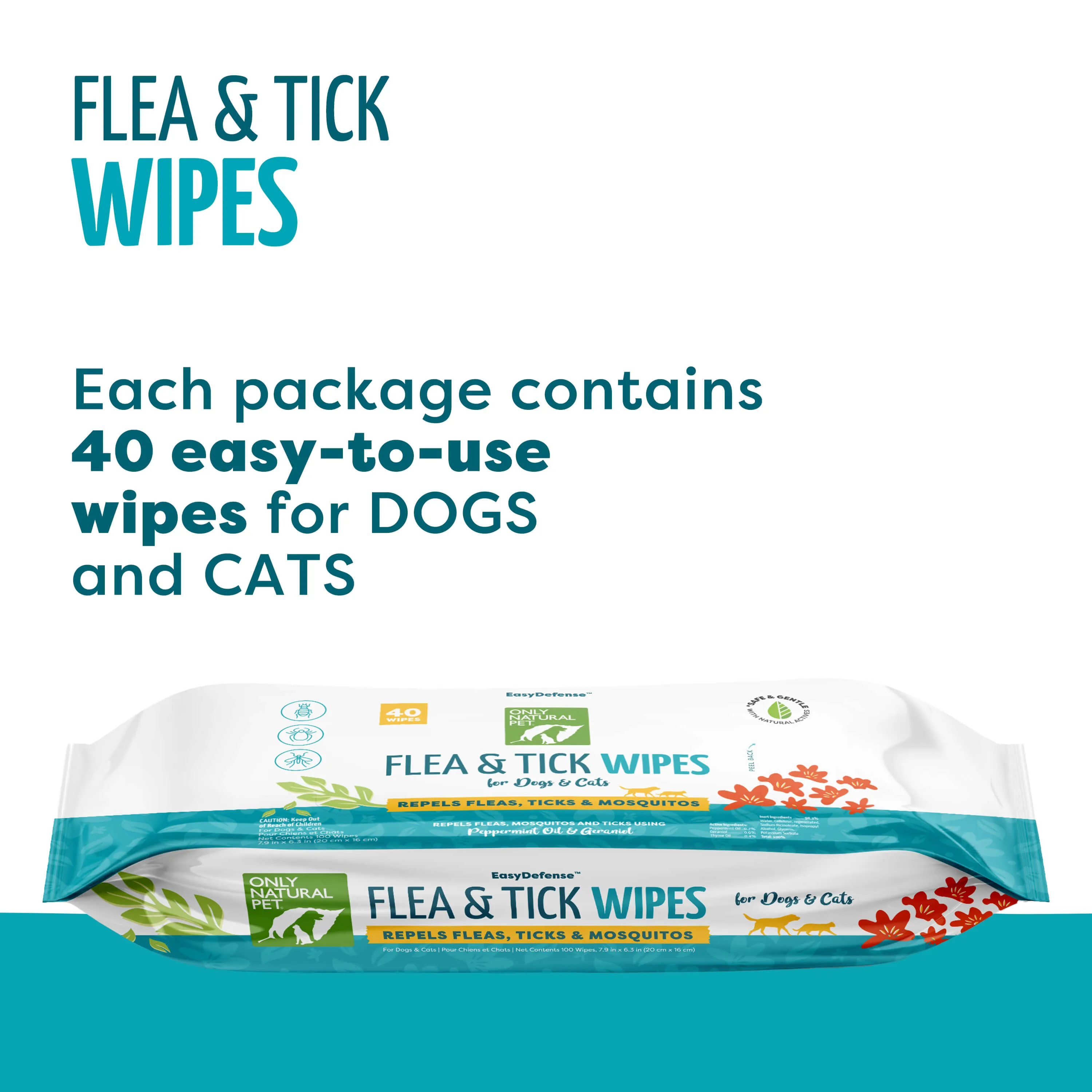 Only Natural Pet EasyDefense Flea, Tick & Mosquito Wipes for Dogs & Cats