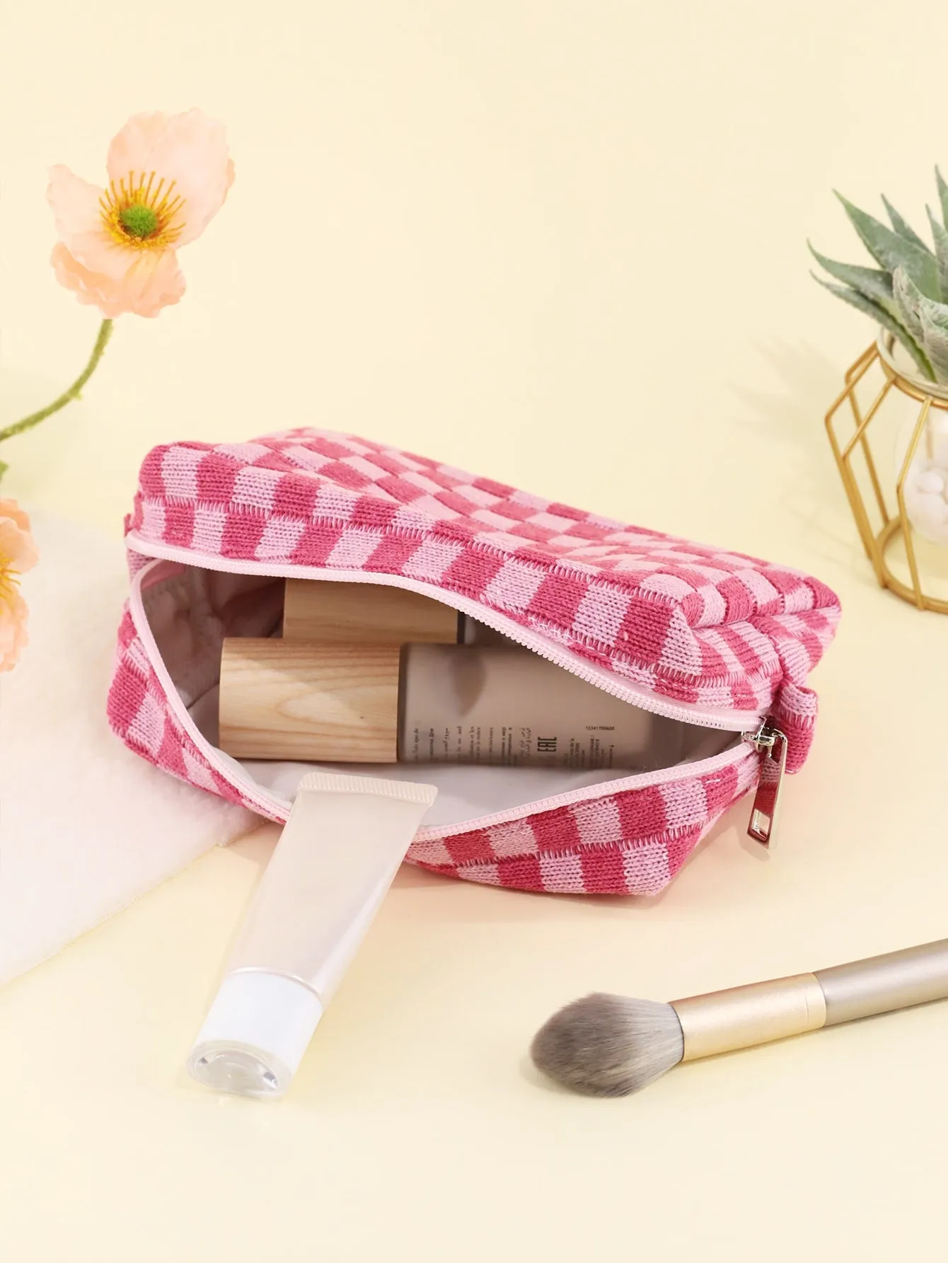 Pink Checkered Cosmetic Bag Makeup Bag Cosmetic Organizer Toiletries Bag Makeup