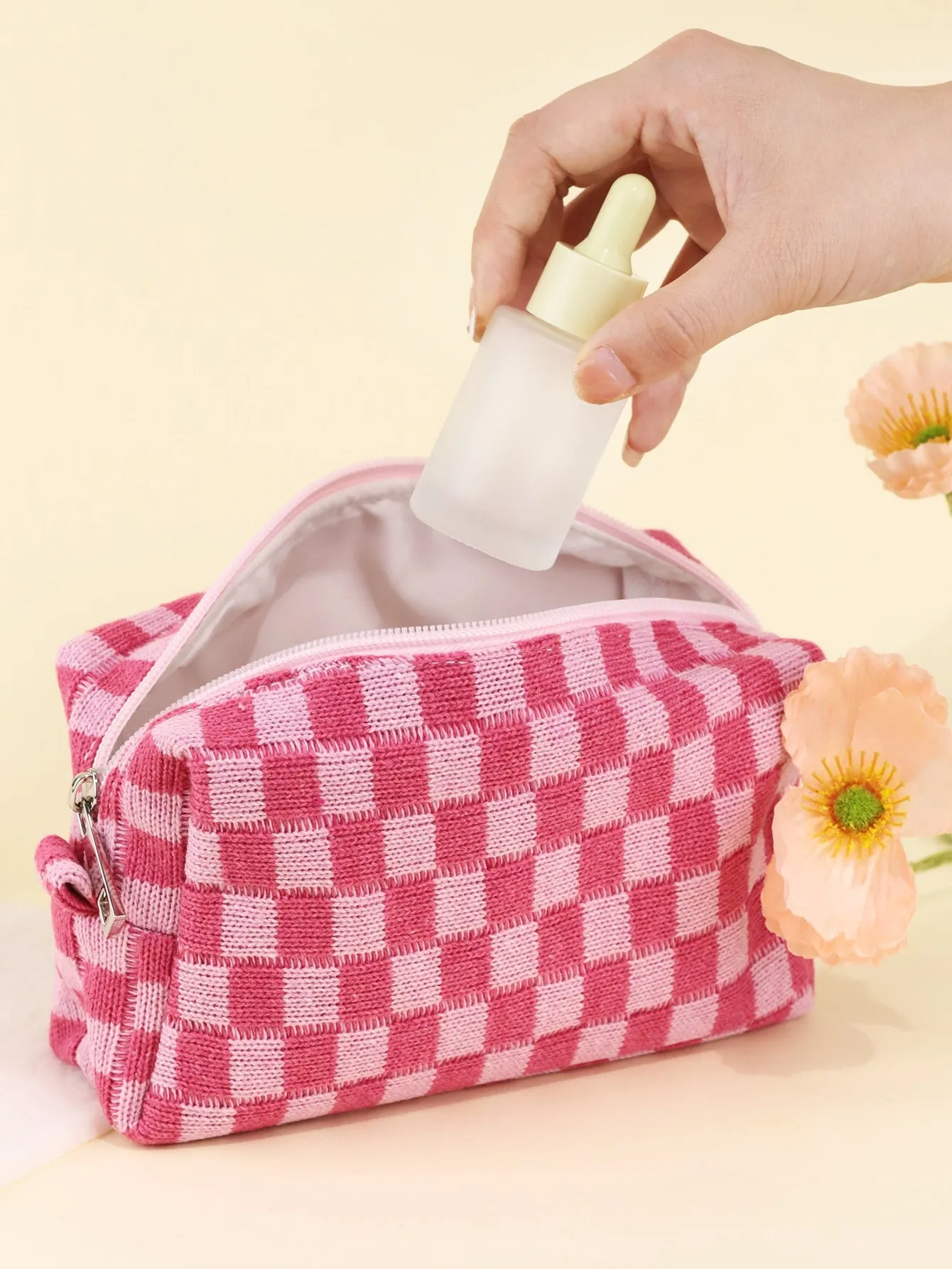 Pink Checkered Cosmetic Bag Makeup Bag Cosmetic Organizer Toiletries Bag Makeup