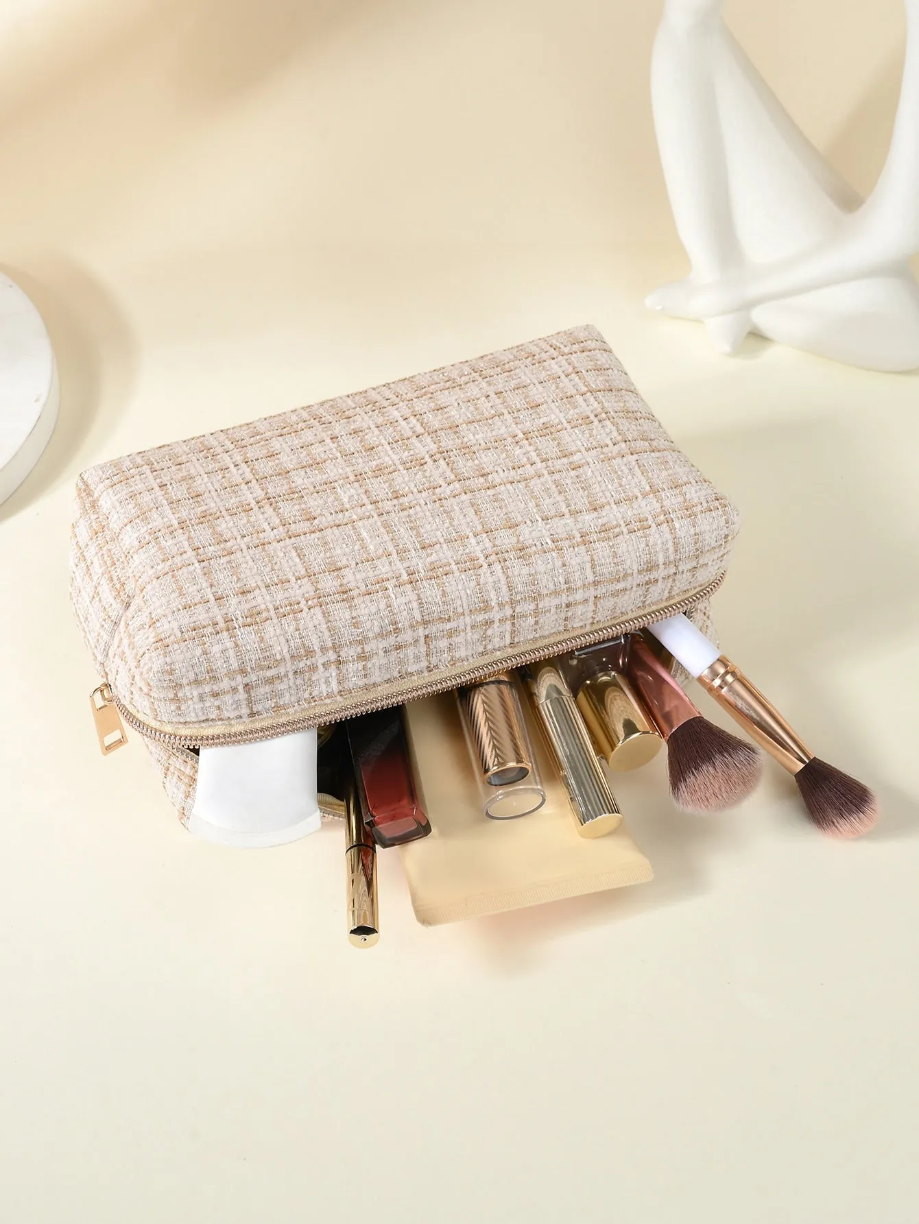 Plaid Material Makeup Bag Cosmetic Organizer Toiletries Bag Makeup Organizer Zip