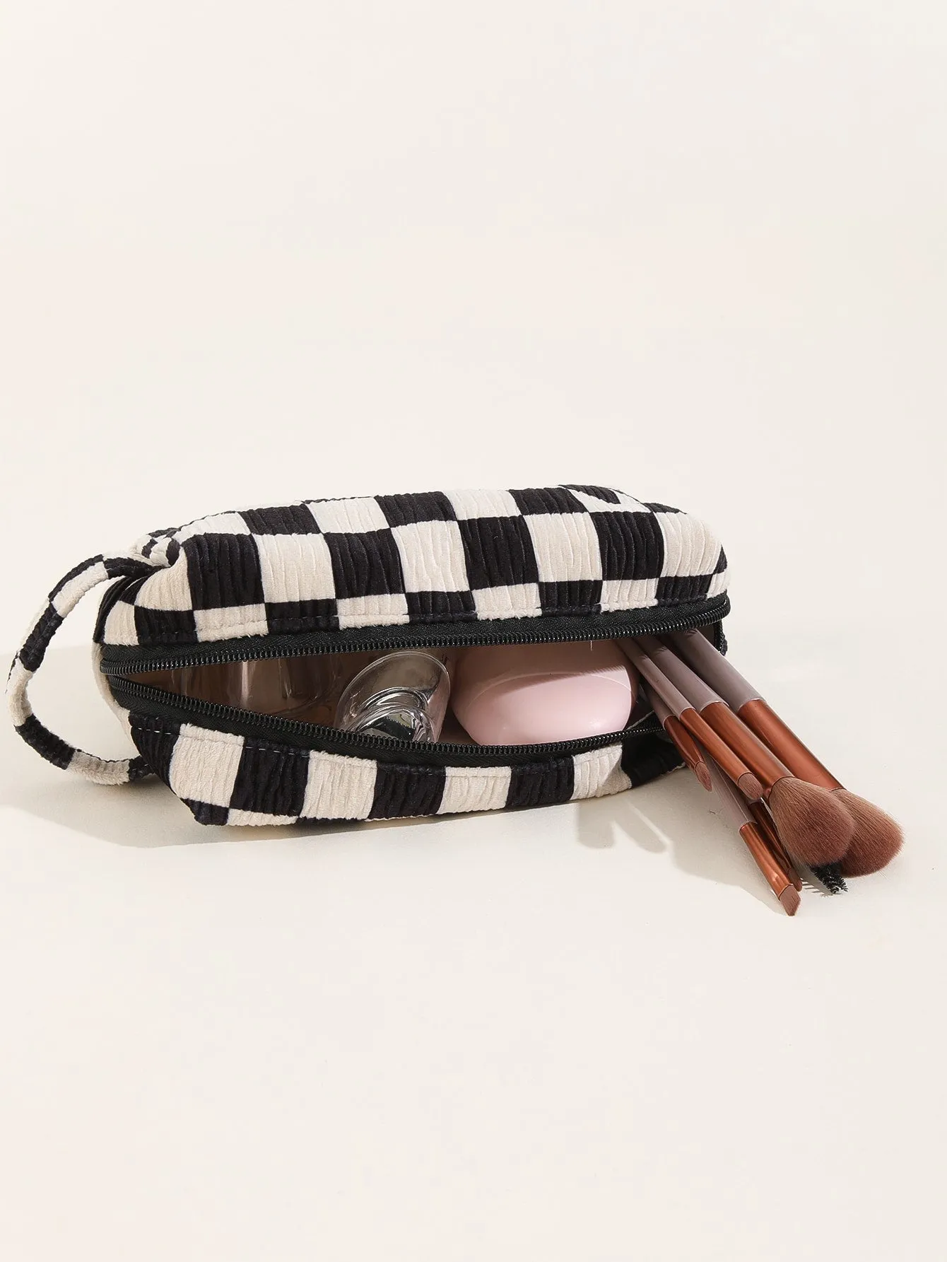 Velvet Plaid Pleated Makeup Bag Cosmetic Organizer Toiletries Bag Makeup