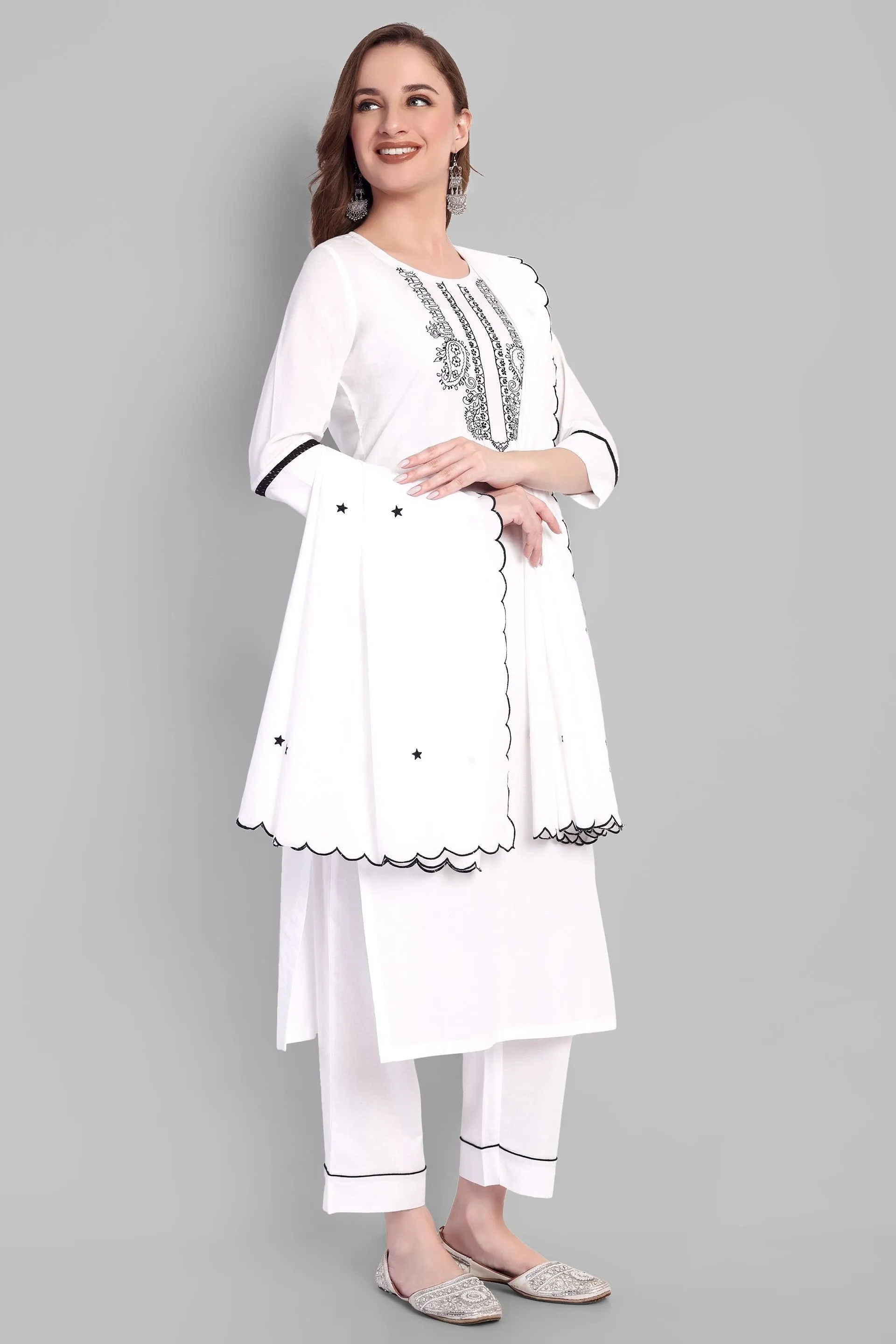 White Embriodery Kurta Pant & Dupatta