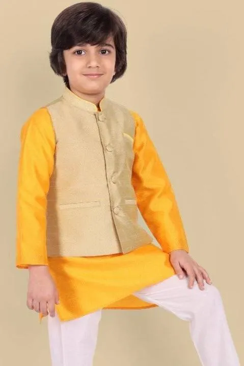 Yellow Cotton Silk Kurta and Pajama - Set of 2